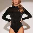 WDIRARA Women's Square Neck Mesh Long Sleeve Elegant Simple Fitted Top Bodysuit (Black, XS)