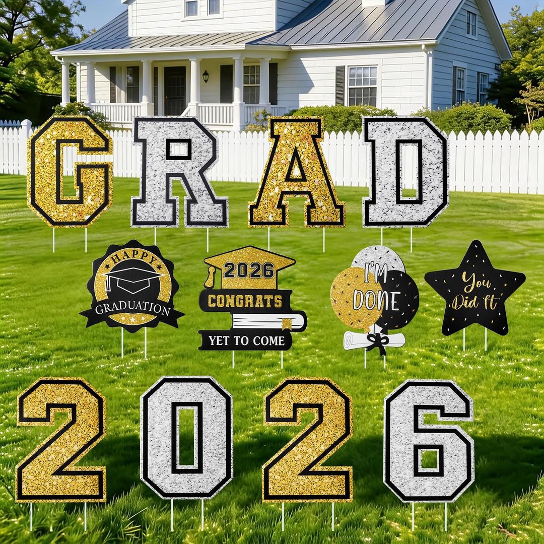 Graduation Decorations 2026 12Pcs Graduation Yard Signs Class of 2026 Outdoor Waterproof Congrats Grad Sign with Stakes for kindergarten K-12th College Any Grade Black Gold