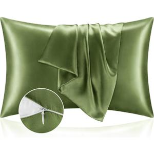 BEDELITE Satin Pillowcase with Zipper 2 Pack, Cedar Green Pillow Cases Standard Size, Super Soft and Cooling Similar to Silk Pillow Cases, Gift for Women Men(20x26 Inches)