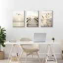 WENGTIAO 3Pcs Seascape Wall Art Beige Reeds Sunset Canvas Paintings Ocean Beach Scenic Prints Pictures Rustic Bridge Boardwalk Wall Decor Seagulls Artwork Posters for Living Room Bedroom 12”x16”x3
