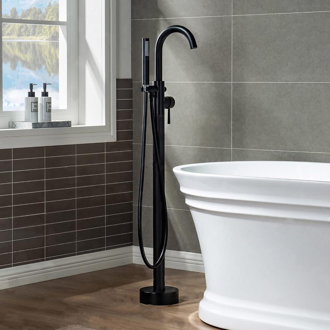 Woodbridge Contemporary Single Handle Floor Mount Freestanding Tub Filler Faucet with Hand Shower in Matte Black Finish,F0006MBRD