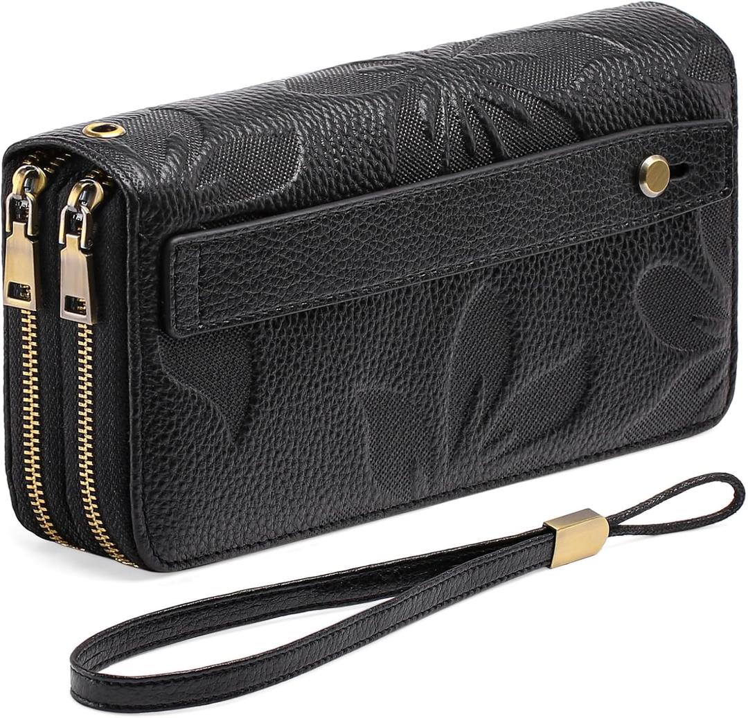 GAEKEAO Wallet for Women Clutch RFID Blocking Wristlet Leather Purse Large Capacity Credit Card Holder with Grip Hand Strap