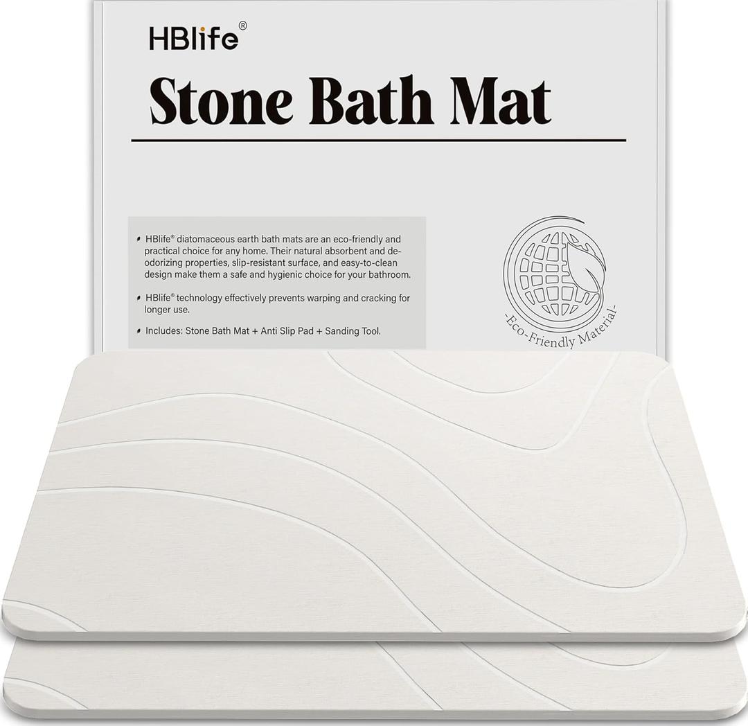 HBlife Stone Bath Mat, 23.5" X 15" Multipurpose Diatomaceous Earth Bath Mat for Bathroom, Stone Drying Mat for Kitchen Counter, Dog Water Bowl Mat, 2 Pack, White - River
