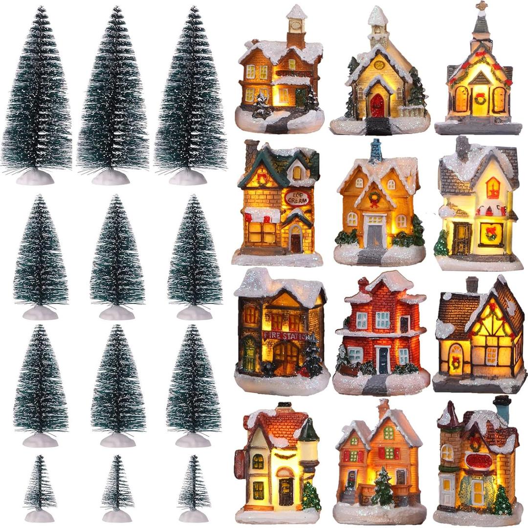 Kajaia 12 Pieces Christmas Winter Houses Village with 12 Pieces Trees Lamp LED Lights Christmas Winter Village Town Buildings Accessories for Thanksgiving Halloween Village Figurine Desktop Decor (Classic Color)