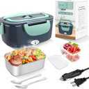 Electric Heated Lunch Boxes Adults: 80W Electric Lunch Box Food Heated 12/24/110V 1.5L Heatable Lunch Box for Car/Truck/Office Leak-Proof Stainless Steel Container, Fork & Spoon, Bag (Grey+Green)