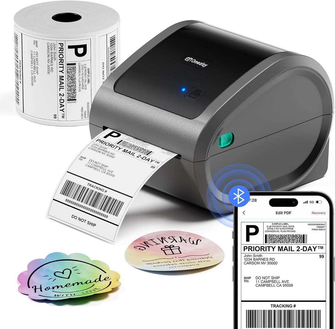 Bluetooth Shipping Label Printer with 1 Roll Labels - D520BT Thermal Label Printer, Thermal Printers with Built-in Label Holder, Come with 500PCS 4x6 White Labels (500 Labels/Roll)