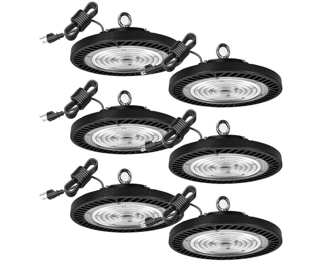 300W-6Pack UFO LED High Bay Light,30000lm 6000K Daylight 2000W Equivalent with US Plug Cable LED Garage Lights Commercial Warehouse Area Light Workshop Garage Factory Lowbay Area Lighting