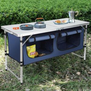 JOUYEK Camping Table, Folding Camping Table with Storage, Portable, Lightweight, 3 Height Adjustable Aluminum Outdoor Table for BBQ, Picnic, Camping, Hiking, Beach, and Indoor, Blue