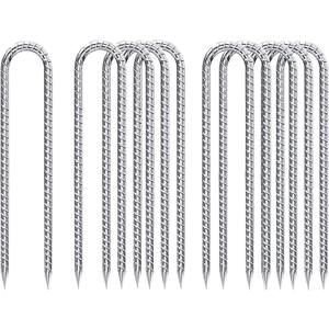 Rebar-Stakes-12-Inch-Galvanized, U Hook Trampoline Stakes 10 Pack Ground Anchors Tent Stakes Heavy Duty for Plants Anti-Rust Landscape Fabric Stakes Artificial Turf