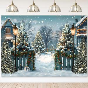 Mocsicka Christmas Backdrop Green Pine Tree Street Lamp Christmas Photo Backdrop Snowflake Xmas Party Decoration Holiday Photo Booth Props (8x6ft)