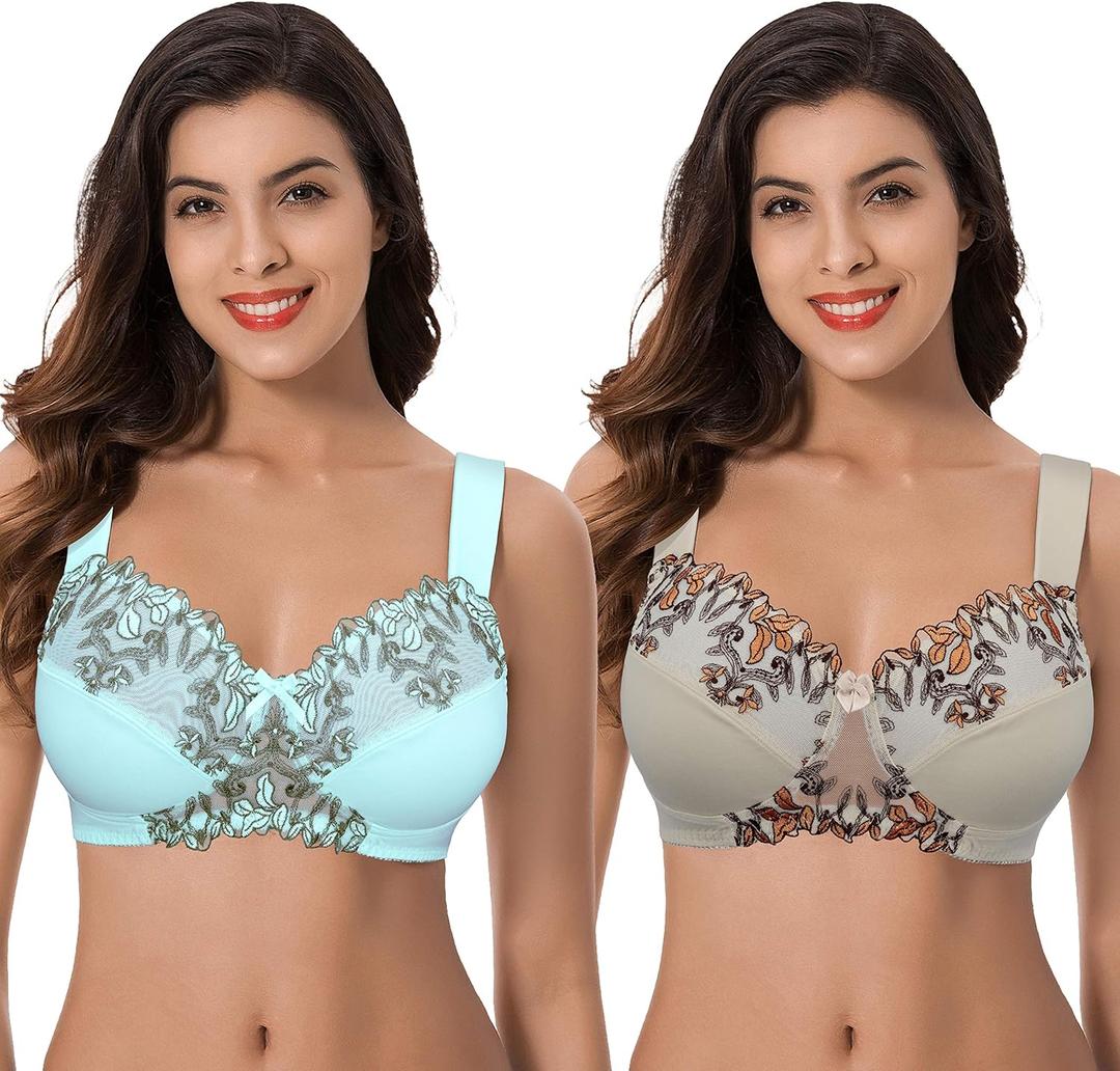 Curve Muse Women's Plus Size Minimizer Wireless Unlined Bra with Embroidery Lace (36D, Nude,blue Light(2 Pack))