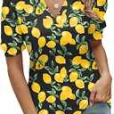 Romanstii Women Casual V-Neck T-Shirts Loose Puff Short Sleeve Tops Tunic Blouses L, Black & Lemon Pattern