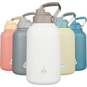 BJPKPK 1 Gallon Water Bottle Insulated, Dishwasher Safe 128oz Large Water Jug with Metal Handle & BPA Free Spout Lid, Stainless Steel Metal Jug for Gym, Sports & Hiking, Milky White
