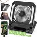 20000mAh Portable Fan Rechargeable with Solar Panel 2-in-1, 3 Speeds Cordless Battery Powered Fan with Led Lantern,Timer, Quiet USB-C Table Fan for Travel Tent Hurricane Office Home Bedroom (Black)