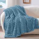 BEDELITE Fleece Blue Throw Blanket for Couch - 300GSM Soft & Warm Fluffy Blue Blanket, Decorative and Giftable Striped Blankets for Women, Men, 50"x60"