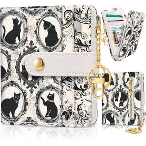 Vintage Black Cats Rfid Ladies Wallet, Small Slim Thin Compact Credit Card Women Wallet, Art Aesthetics PU Leather Bifold Cash Zipper Coin Pocket for Female