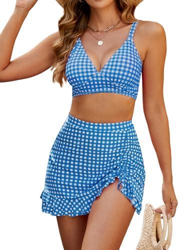 Blooming Jelly Women's High Waisted Bikini Sets Tummy Control Swim Skirt Two Piece Swim Suit 2025 Gingham Bikini(Blue White Plaid, Small)