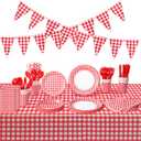 205 Pcs Party Supplies for 25 Guest Checkered Plaid Tablecloth Pennant Banner Plate Cup Napkin Cutlery and Straw for Birthday Family Dinner Picnic BBQ Birthday Party Decoration(Red and White)