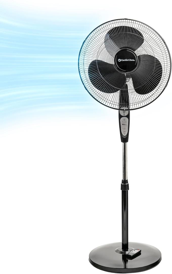 Comfort Zone CZST181RBK 18” 3-Speed Oscillating Pedestal Fan with Remote Control, Adjustable Height, Adjustable Tilt, and Built-in Timer for Auto Shutoff, Black