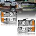 Pair Headlights for Chevy Silverado 1500 2500HD 3500HD 2007-2013 (2007 New Body) Halogen Front Light Chrome Housing Amber Reflector