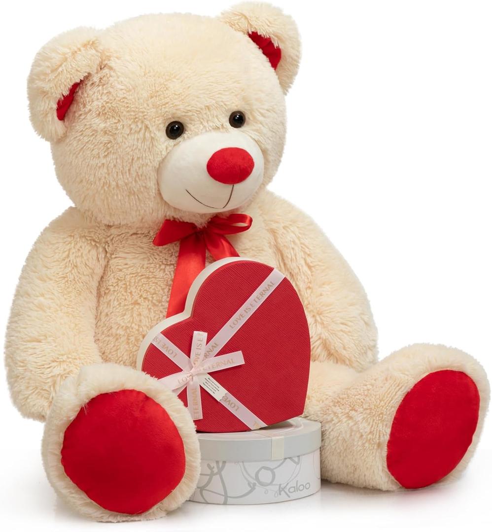 WENMOTDY Huge Teddy Bear Stuffed Animal Giant Teddy Bear Plush with Red Ribbon Bow Day Plush Toy Gift for Girlfriend and Kids 36 inch Beige