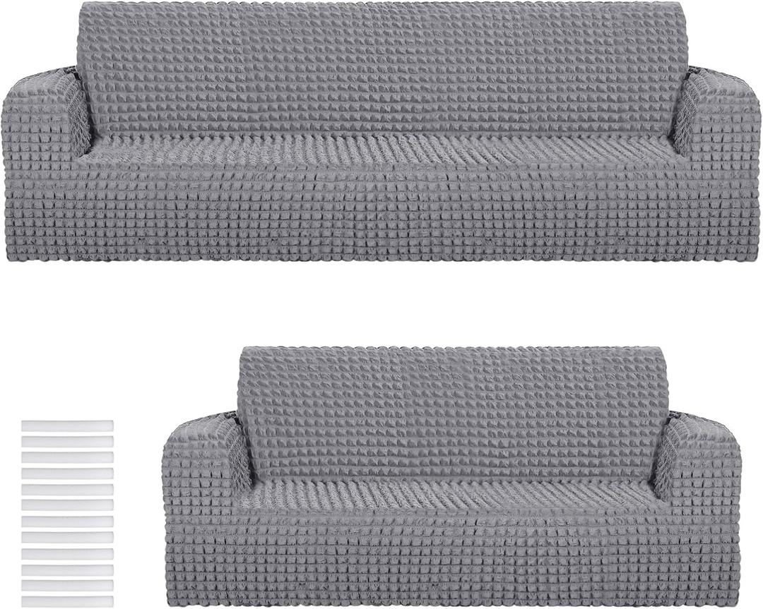 Fanfanwin 2 Pcs Chair Sofa Slipcover Set Couch Sofa Covers Furniture Cover Armchair Stretch Christmas Washable Couch Protector for Loveseat Large Oversized Cushion Durable High Elastic(Grey)