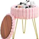 Wimarsbon Vanity Stool with Storage, Faux Fur Ottoman Chair with Metal Legs, Round Makeup Vanity Chair for Bedroom or Dressing Table, Modern Small Ottoman Seat (Pink)