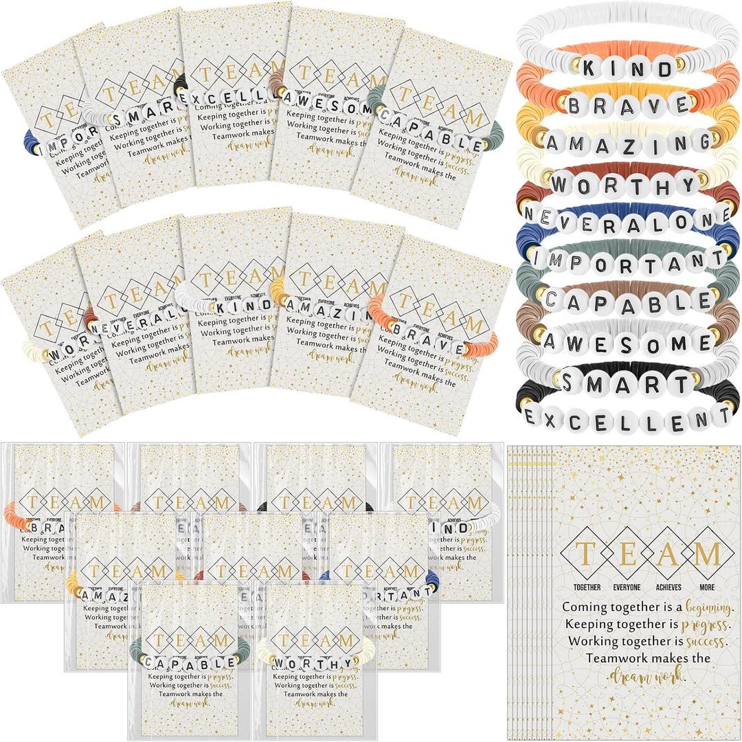 20 Set Inspirational Friendship Bracelet Bulk Back to School Student Gifts from Teacher Motivational Clay Beaded Bracelets with Team Quotes Card for Staff Employees Coworker (Neutral Color)