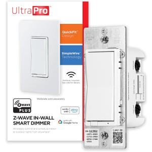 UltraPro 700 Series Z-Wave In-Wall Smart Rocker Light Dimmer with QuickFit & SimpleWire, 3-Way Ready, Works with Alexa, Google Assistant, Z-Wave Hub Required, Smart Home, Voice Control, White, 59350