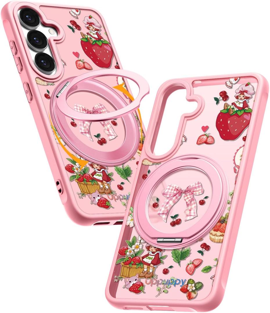 Uppuppy for Samsung Galaxy S25 Case - Compatible with MagSafe for Women Girls Bulit-in 360 Rotatable Magnetic Ring Holder Kickstand Cute Aesthetic Pink Strawberry Design for Samsung S25
