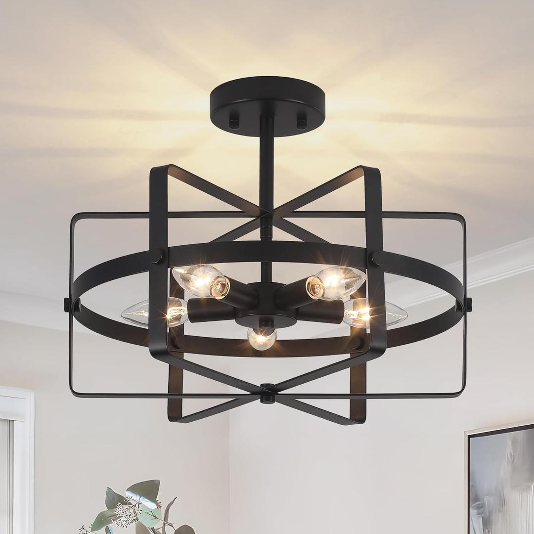 5-Light Modern Semi Flush Mount Ceiling Light, 12.6'' Black Farmhouse Flush Mount Ceiling Light Industrial Ceiling Light Fixture for Entryway Hallway Foyer Dining Room Kitchen Bedroom