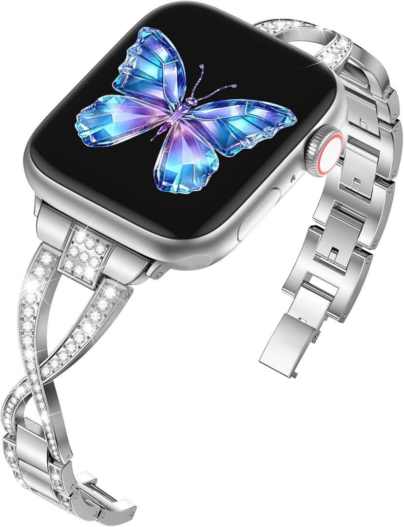 Odbeai Stylish Diamond Metal Band Compatible with Apple Watch Bands for Women 40mm 38mm 41mm 42mm 44mm 45mm 46mm 49mm,Cute Dressy X-Shaped Silver Bracelet for iWatch Bands Series SE 11 10 9-1 Ultra