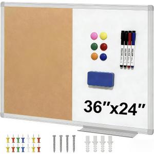 Cork Board White Board Combo, 36" X 24" Magnetic Whiteboard Bulletin Combination Board, Aluminum Frame Vision Board with Dry Erase Markers, Magnets, Eraser and Push Pins for Office, Home & School