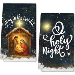 ARKENY Jesus Christmas Kitchen Towels Set of 2,Holy Night Xmas Dish Towels 18x26 Inch Drying Dishcloth,Farmhouse Nobel Home Decoration AD399