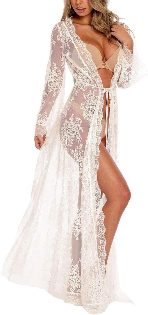 Bsubseach Lace Long Sleeve Beach Kimono Cover Up for Women Bikini Swimsuit Cover Ups Swimwear Cardigan (White)