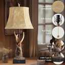 Antler Table Lamps Set of 2 with USB A+C Ports for Bedroom Farmhouse Deer Rustic Bedside Lamps with Faux Leather Bell Shade for Living Room End Table Hunting Themed Cabin Lamp Pull Chain