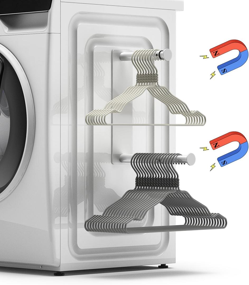 MFTEK Hanger Organizer Stacker, Magnetic Hanger Holder, Extendable Hanger Storage Rack for Washing Machine Closet Laundry Room Organization, Hanger Stand Rack for Adult Kids Velvet Hangers (White)