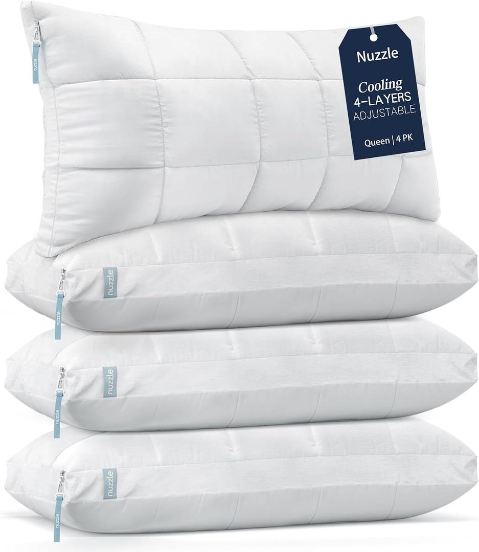 Nuzzle Pillows Queen Size Set of 4 Adjustable Firm Pillows, Luxury Hotel Collection Bed Pillows Best Adjust Height Soft Cooling Pillows for Back, Stomach and Side Sleepers