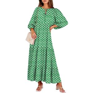 ANRABESS Womens Boho Maxi Dresses 2025 Summer V Neck Puff Sleeve Floral Flowy Swing Fall Casual Long Dress (Small, Light Green)
