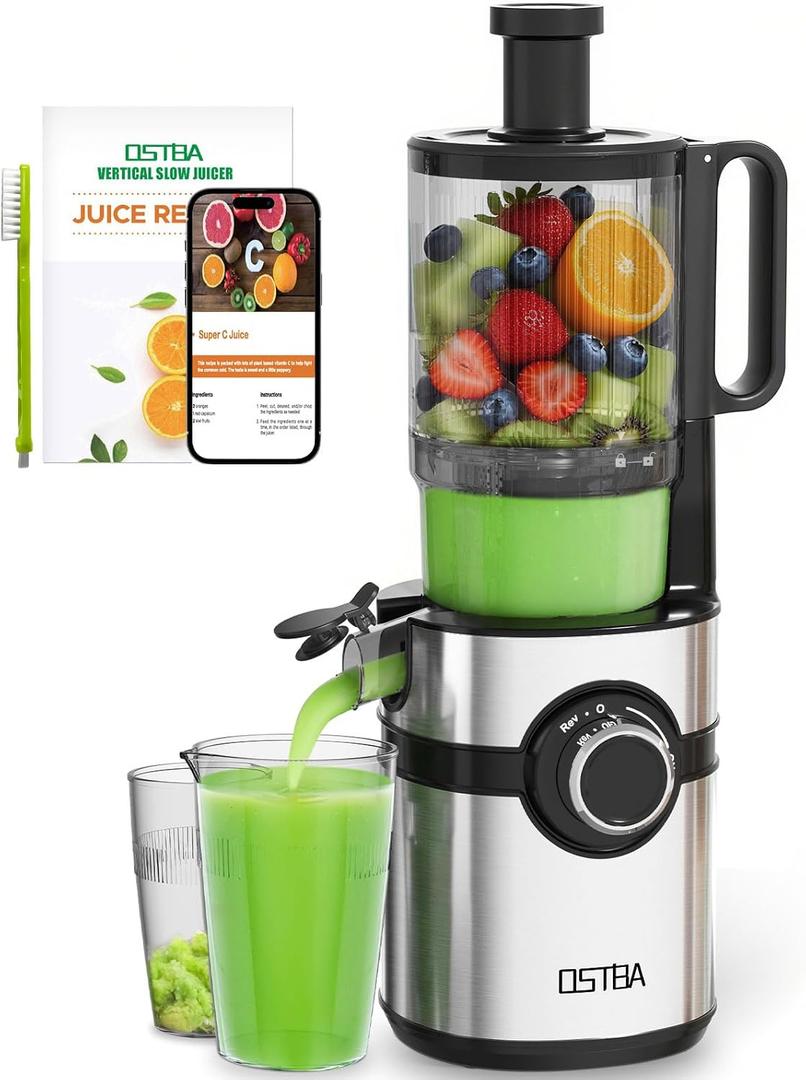 Cold Press Juicer, OSTBA Juicer Machine with 5'' Large Feed Chute for Whole Vegetables and Fruits, Juice Maker with Self Feeding, High Juice Yield, Easy to Clean, Black
