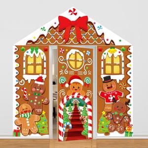 Cinrobiye 4 Pcs Christmas Door Decorations Merry Christmas Porch Photography Backdrop Xmas Front Door Decor Hanging Banner Winter Holiday Garage Door Cover for Classroom Home Party Favor Supplies (Brown)
