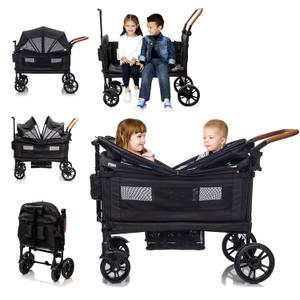 Wagon Stroller for 2 Kids & Cargo-Travel Push-Pull Double Baby Wagon Lightweight Folding Stroller for Toddler with 5-Point Harness,Adjustable Handle Bar and Canopy,Tray Table,Cup Holder (Black)