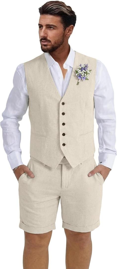 Mens Linen Suit 2 Piece Short Suits for Men Casual Summer Beach Wedding Suit Linen Beige Vest Shorts Set, X-Small