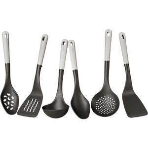 Meyer Everyday Nylon Tools/Cooking Utensils Set for Non Stick Cookware, 6 Piece: Slotted Turner, Solid Turner, Skimmer, Ladle, Slotted Spoon and Solid Spoon, Heat Resistant, Black with Gray Handles