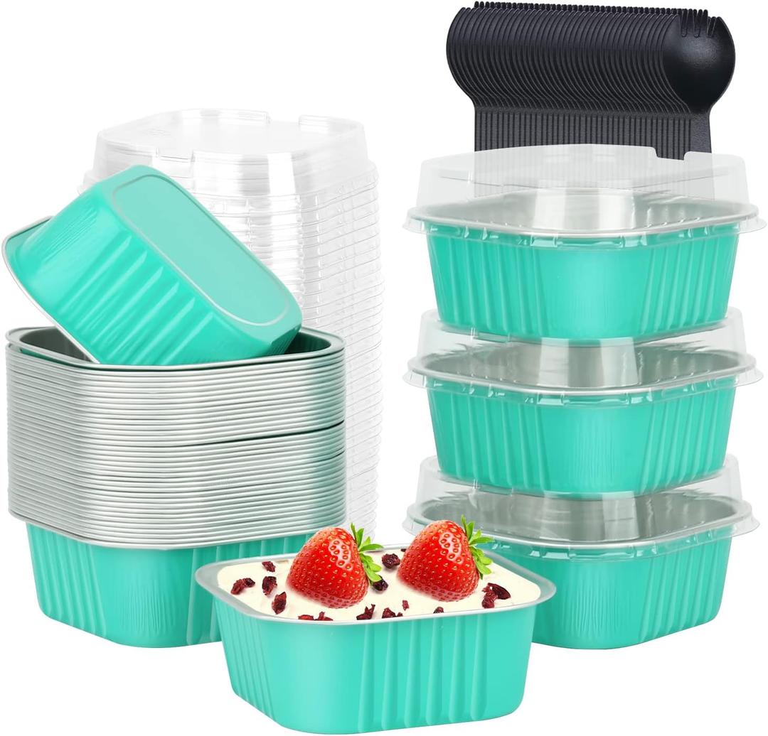 LNYZQUS 5oz Square Cupcake Pan with Lids 40 Pack, Aluminum Foil Muffin Pan Mini Cake Cups,Disposable Ramekins Brownie Baking Pans Cupcake Liners Muffin Tin-Cyan Blue