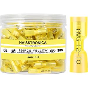 haisstronica 150PCS Yellow Heat Shrink Female Spade Connectors,AWG 12-10 Heat Shrink Female Spade Terminlas Kit,Speaker Wire Connector, Electrical Quick Disconnect Wire Connectors