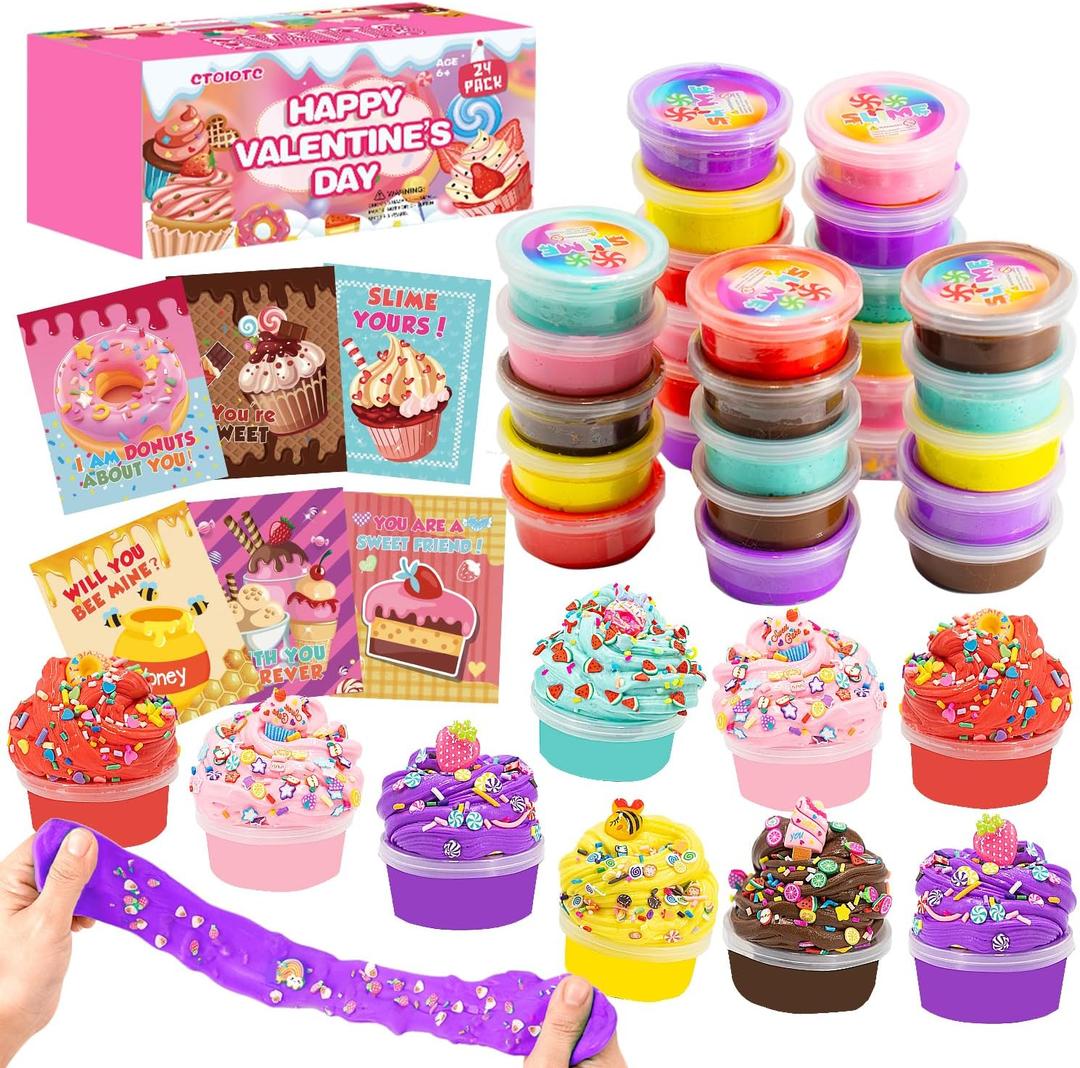 Valentines Day Gifts for Kids - 24 Pack Valentines Cards for Kid, Valentines Day Cards for Kids School, Valentines Slime Party Favors Classroom Exchange Party Favor Gift Supplies