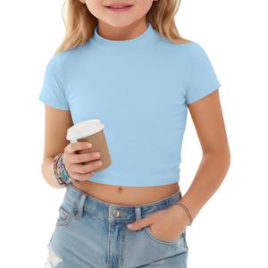 Girls' Cropped Tops Short Sleeve Shirts | Slim Fitted, Cute, Casual, Basic, Mock Neck, Workout, Tees, Size 5-16 Years