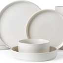 Famiware Star Dinnerware Set with Pasta Bowls, Service for 4 (16pcs), Ribbed Stoneware Plates and Double Bowls Dishes Sets - Chip & Scratch Resistant, Microwave & Dishwasher Safe, Matte White