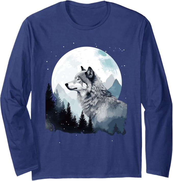 Arctic Grey Timber Wolf Under The Moon & Stars Design Long Sleeve T-Shirt, Large